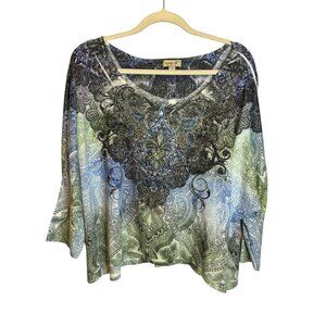 One World Blouse Women's XL Embellished Paisley Lightweight Boho Oversized